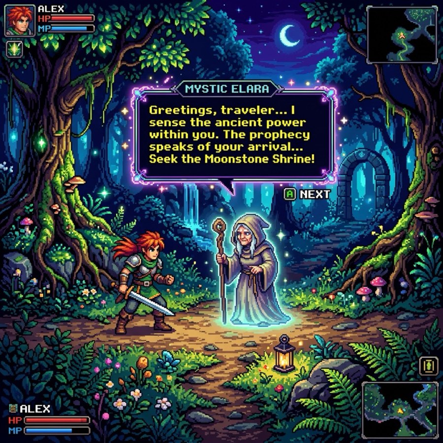 Hero character talking to an NPC with a glowing dialogue box