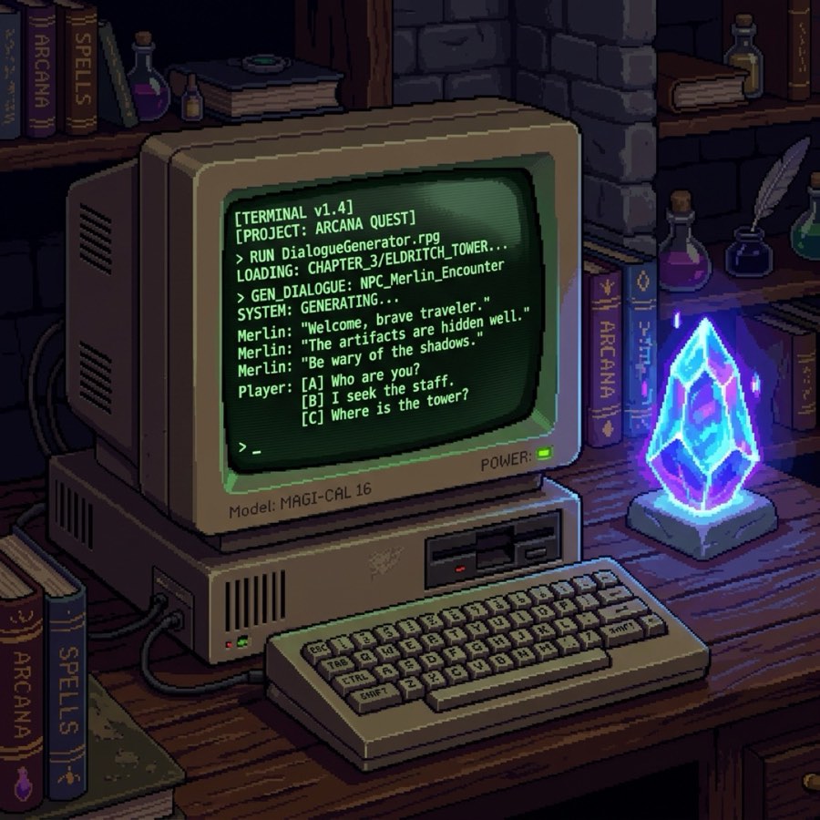 Retro computer terminal showing LLM dialogue generation